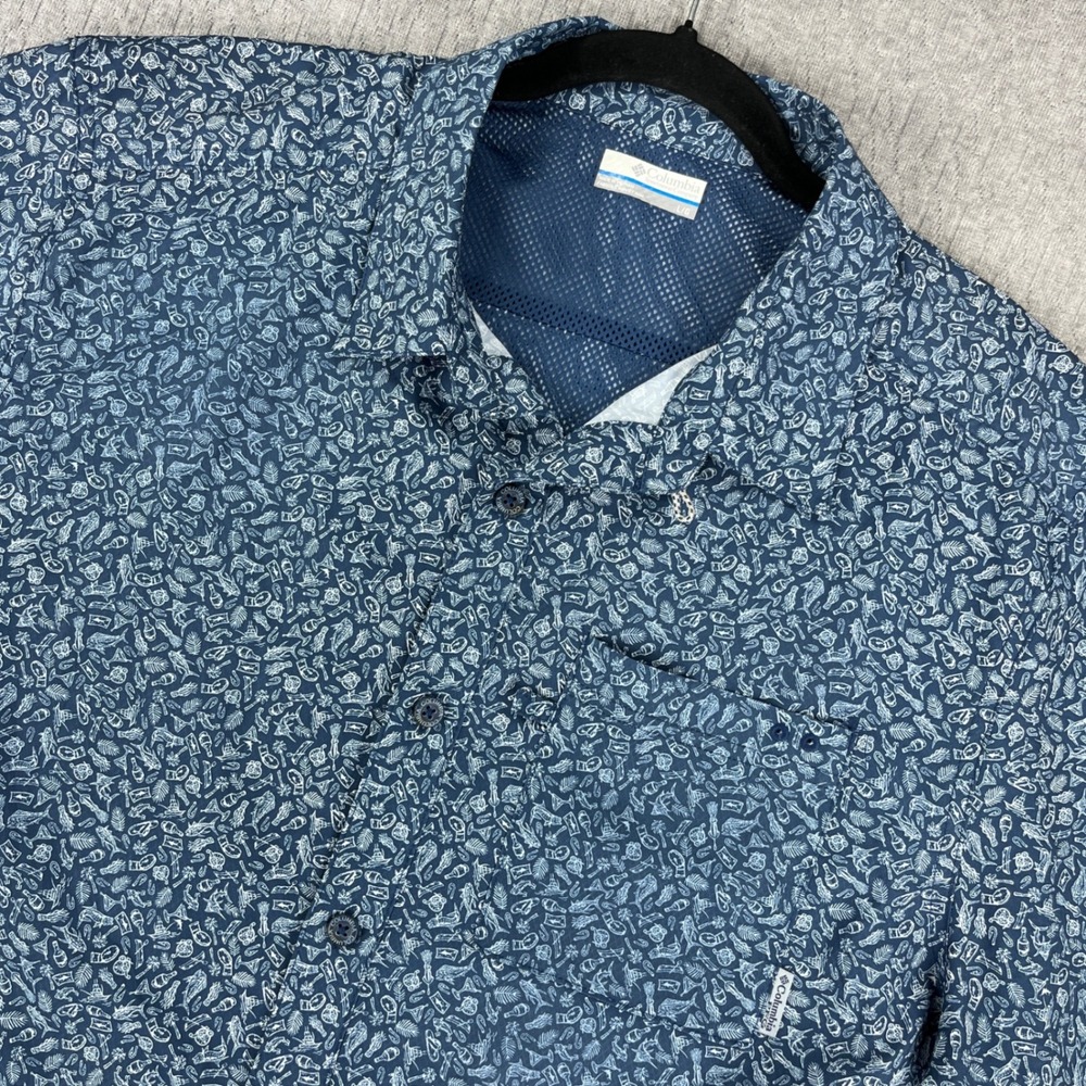 Columbia PFG Shirt Mens geometric Large Blue Short Sleeve‎ Fish Print Button Up